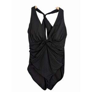 SHAPELLX Plunge Swimsuit Black Ruched Front Criss Cross Back Tummy Control Large